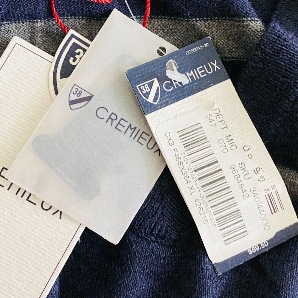 Mens XL Cremieux Classics Sweater V-Neck Knit Blue Gray Stripe Cotton Silk Blend